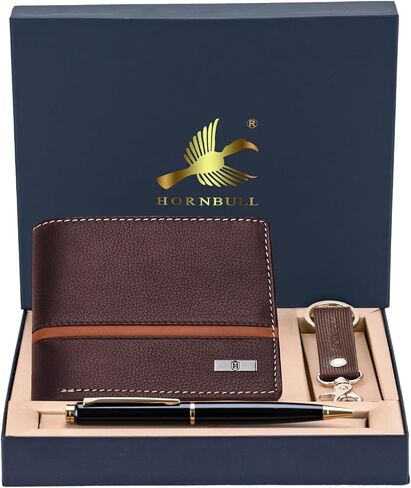 Denial Mens Leather Wallet Combo Gift Set | Leather Wallet, Key Ring & Pen Combo Valentine Gift Hamper | Branded Mens Wallet (Brown) in Kuwait