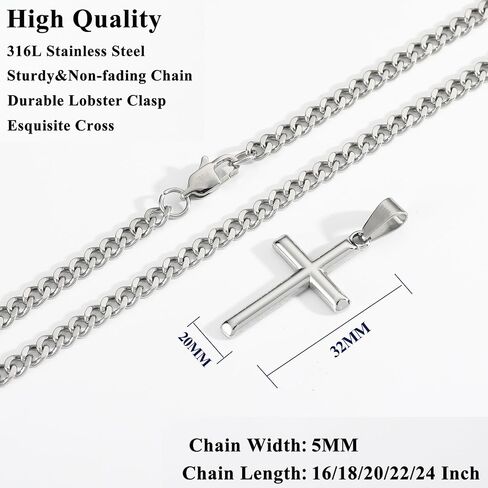 316L Stainless Steel Cross Necklace Graduation Gifts for Men Boys, Silver Gold Black Mens Boys Chain Necklaces 5mm Non-Fading Sturdy Cuban Chain with Cross Pendant Jewelry for Him 16-24inch in Saudi Arabia