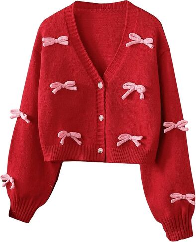 SHENHE Girl's Bow Button Down Knitted Cardigan V Neck Loose Cute Crop Sweater Outwear in Saudi Arabia