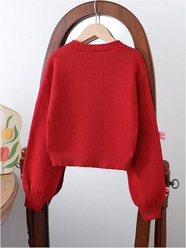 SHENHE Girl's Bow Button Down Knitted Cardigan V Neck Loose Cute Crop Sweater Outwear in Saudi Arabia