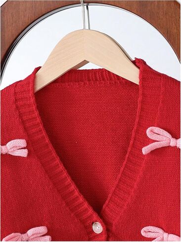 SHENHE Girl's Bow Button Down Knitted Cardigan V Neck Loose Cute Crop Sweater Outwear in Saudi Arabia