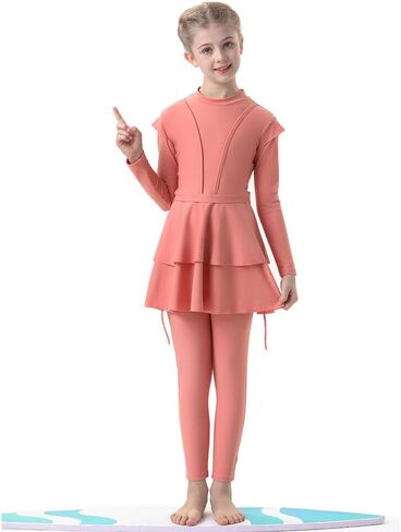 Muslim Swimsuits for Girls Modest Swimwear Full Cover Hijab Burkini Islamic Top Pants Cap 3PCS Rash Guard Sets in Kuwait