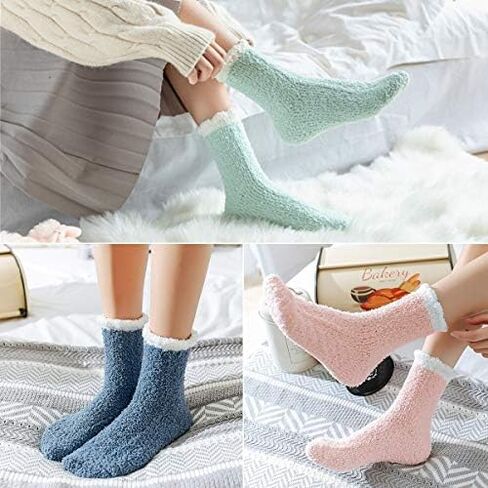6 Pairs Womens Fuzzy Socks Winter Warm Soft Cozy Fluffy Microfiber House Sleeping Slipper Socks Christmas Gifts in Kuwait