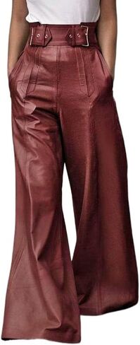 oshoplive Women's Faux Leather Pants PU High Waist Wide Leg Pants with Pockets Pleated Going Out Flare Trousers in Kuwait