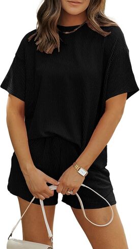 MARZXIN Women's 2 Piece Outfits Summer Tracksuit Ribbed Textured Knit Loose Lounge Shorts Set in Kuwait