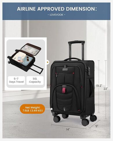 Carry On Luggage 22x14x9 Airline Approved, 22-Inch Suitcases with Spinner Wheels, Softside Carry-on Luggage with TSA Lock for Men Women Business Trip, Lightweight Large Capacity Luggage for Travel in Kuwait