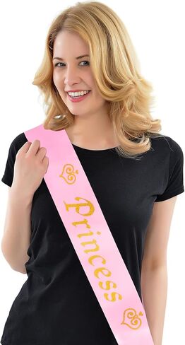 Princess Satin Sash for Women Girls Pink with Gold Glitter Letters with Pearl Brooch Pin Party Accessory Birthday Gift Prom Photo Props Decorations Beauty Pageant Sashes in Kuwait