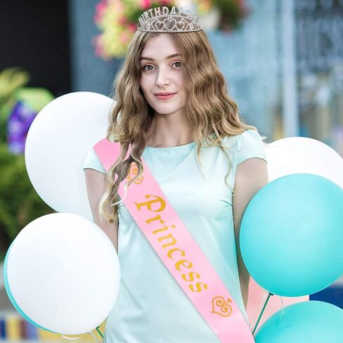 Princess Satin Sash for Women Girls Pink with Gold Glitter Letters with Pearl Brooch Pin Party Accessory Birthday Gift Prom Photo Props Decorations Beauty Pageant Sashes in Kuwait