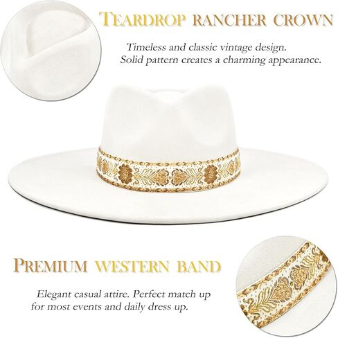 Big Wide Brim Boho Western Hat للنساء والرجال - شعرت مزرعة فيدورا قبعة مع 4 بوصات مسطحة الحافة in Kuwait