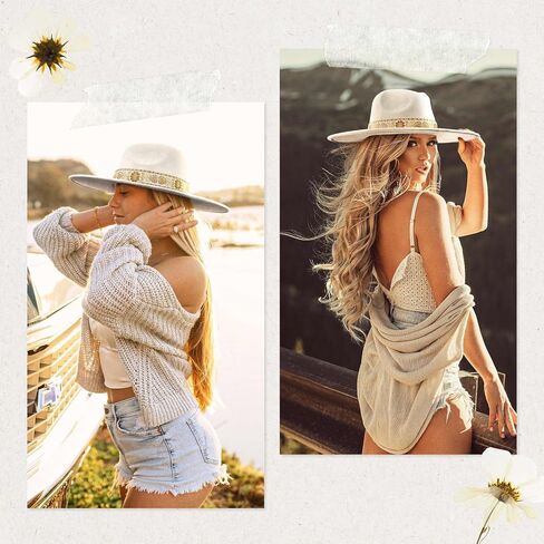 Big Wide Brim Boho Western Hat للنساء والرجال - شعرت مزرعة فيدورا قبعة مع 4 بوصات مسطحة الحافة in Kuwait