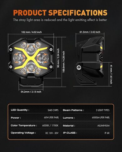 Novsight 4 بوصة LED PODS-X Series Off Road Driving Light مع DRL الأصفر ، وأضواء اللوحات الساطعة الفائقة مع غطاء العنبر ، وأضواء الضباب على الطرق الوعرة للشاحنات Jeep Ford UTV ATV ، ضمان لمدة عامين ، زوج in Kuwait