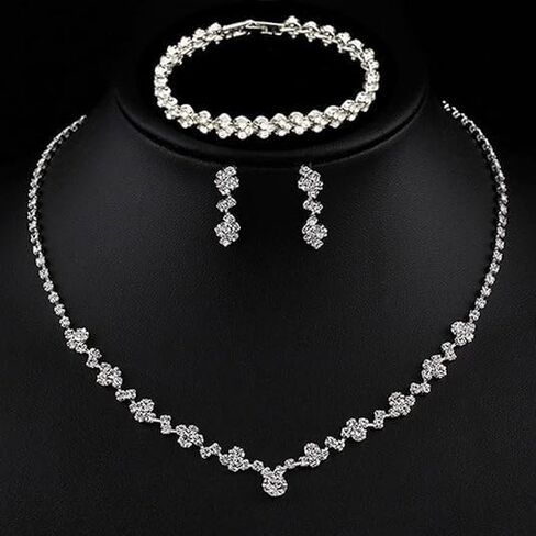 Silver Crystal Bridal Jewelry Set, Teardrop Dangle Earrings Rhinestone Necklace Bracelet for Bride Bridesmaid Crystal Bridal Wedding Party Jewelry Sets in Saudi Arabia