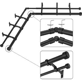 Black Double Corner Window Curtain Rods with Aluminum End Cap Finials and Brackets,1 Inch Diameter Dual Bay Window Curtain Rods, Adjustable 2 Sided 36-72 Inch Double Drapery Rod