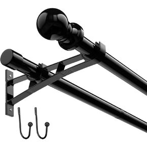1 Inch Double Curtain Rods for Windows 30in-93in, Heavy Duty Drapery Rod Adjustable Black Dual Curtain Rod with Brackets and Curtain Clip, for Sliding Glass Door, Patio, Bedroom, Kitchen, Bathroom