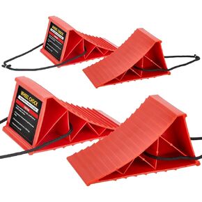 chocks العجلات ، 4pack chocks العجلات الثقيلة مع الحبل لسهولة الإزالة ، ودائم ، غير انزلاق ، عجلات بلاستيكية صلبة ، RV ، العربة ، فعالة في الحفاظ على سيارتك في مكانها ، الأحمر