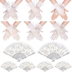 6 Pairs Tea Party Lace Gloves with 6 Pcs Rose Hand Fans for Women Elegant White Lace Gloves for Vintage Ladies Tea Party Wedding Accessories