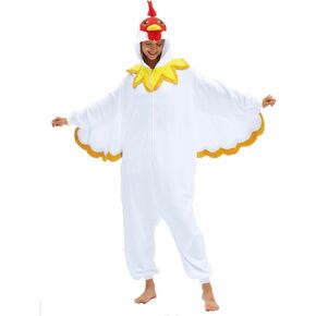 vavalad Adult White Chicken Onesie Animal Pajama Halloween Costume Chicken Cosplay Sleepwear Thanksgiving Christmas Men Women