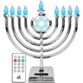 Ner Mitzvah LED Electric Hanukkah Menorah - Color Changing LED Traditional Classic Chanukah Menorah with Remote - Battery or USB Powered - USB Cord Included - Silver.