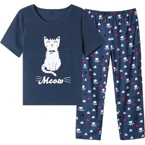Vopmocld Big Girls' Short Sleeve Long Pants Pajama Sets 2PCS Cartoon Pattern & Letters Printed Sleepwear Lounge for Teens