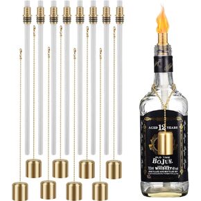 8 Pcs Long Life Wine Bottle Lamp Tiki Torch Kit Include Tiki Torch Wick Bottle Lamp Kit with Tiki Torch Wicks Fiberglass Replacement and 8 Caps for DIY Homemade Torch Decor Brass