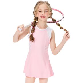 Girls Tennis Dress with Shorts, Sleeveless Girls Athletic Golf Outfit Dresses, Cute Workout Sports Skorts Set, 5-14Y