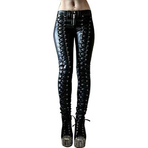xxxiticat Women's Faux Leather Pants Mid Wasit Lace Up Bandage Tie Skinny Punk Goth Tights PU Leather Legging Pants