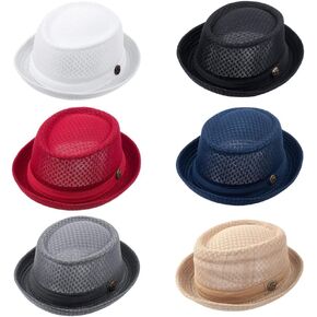 ZffXH Mesh Fedora Cap, 6 Pack Mesh Straw Fedora Cap Short Brim Panama Crushable Hats Bowler Flat Top Sun Hat Men Lady Women