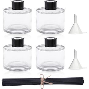 4PCS Fragrance Glass Diffuser Bottles, Refillable Diffuser Bottles with 20pcs Reeds Sticks & Black Caps & Funnel, Diffuser Jars for Home Oil Fragrance Decoration Girl Women Gift (100ML)