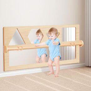 Montessori Mirror Baby Wall with Bar: 3-in-1 shatterproof Toddler Mirror with Wooden Prow Up Bar-Kids Montessori Furniture 6 أشهر+ للحضانة ، غرفة الأطفال ، الرعاية النهارية