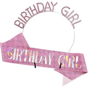 AOPRIE Pink Birthday Sash for Women Girls Happy Birthday Crown Tiara for Women Headband Princess Crown Accessories Decorations