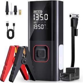 Jump Starter with Air Compressor, 5000A 150PSI Portable Car Battery Jump Starter(9L Gas/8L Diesel), 12V Jump Box Car Battery Jumper Starter Portable with Jumper Cables, LED Light, LCD Display