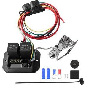 Digital Radiator Fan Controller Switch Kit 12V and 24V, Adjustable Temperature Range Digital Electric Thermatic Dual Electric Fan Switch Kit Replace# 0444