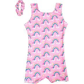 Destira Over the Rainbow Gymnastics Unitard For Girls, Pink Biketard With Puppy Rainbows And Clouds With Matching Scrunchie