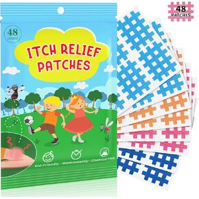 Kids' Itch Relief Patches - 48 Pcs, Fast Relief, Reduces Swelling, Prevents Scratching, Waterproof, 100% Child-Friendly, Essential for Summer Travel Camping and Hiking (Grid)