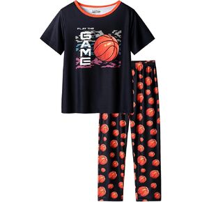 CYCHELRY Little Big Boys Summer Orange Gamer Pajamas Short Sleeve and Pants Cute Nighty PJS 2PCS Sleepwear Set Size 6-16