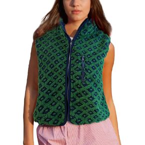 Womens Checkered Sherpa Vest Fleece Jacket Lightweight Zip Up Sleeveless Crochet Plaid Gilet with Pocket