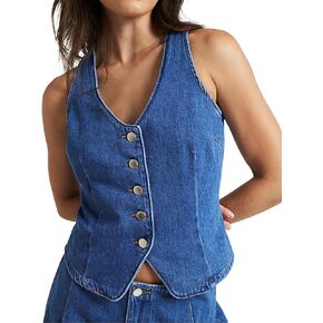 Womens Denim Vest Sleeveless V neck Button Down Casual Jean Suit Waistcoat Vest
