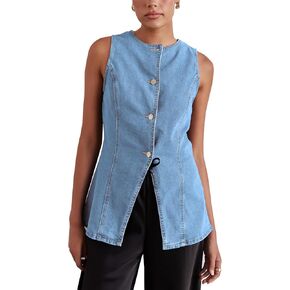 Women’s Long Denim Vest Waistcoat Vest Sleeveless Button-Up Back Slit Jean Jacket Vest Y2k Clothes