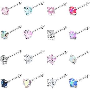 Nose Rings Studs for Women 16Pcs 20G Nose Studs Hypoallergenic 316L Surgical Steel Nose Piercings Jewelry 3mm CZ & Opal Nose Ring L Shape Nose Stud 20 Gauge Nose Screw Studs