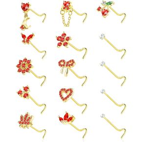 Nose Rings Corkscrew for Women Nose Piercings 20G Surgical Stainless Steel Gold Nose Studs Pink Red CZ Heart Butterfly Flower Cherry Bow Moon Dangle Nose Piercing Jewelry