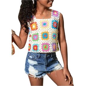 GORGLITTER Girl's Floral Pattern Crochet Top Sleeveless Square Neck Knitted Tank Tops