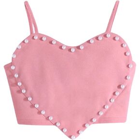 OYOANGLE Girl's Cute Pearl Beaded Spaghetti Strap Cami Top Asymmetrical Hem Slim Fit Crop Tops