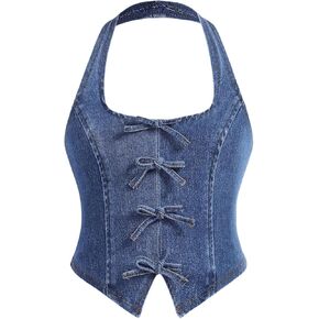 Verdusa Girl's Y2K Bow Denim Halter Top Backless Sleeveless Asymmetrical Crop Tops