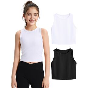 JOCMIC 2 Pack Girls Tank Tops Kids Athletic Tanks Basic Ribbed Knit Crew Neck Cropped Tops for Sports Yoga