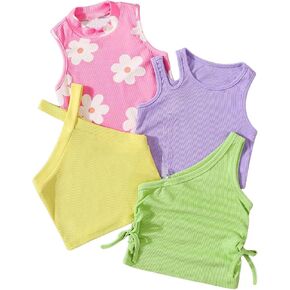 OYOANGLE Toddler Girl's 4 Pack Ribbed Knit Crop Tank Tops Set One Shoulder Summer Camisole