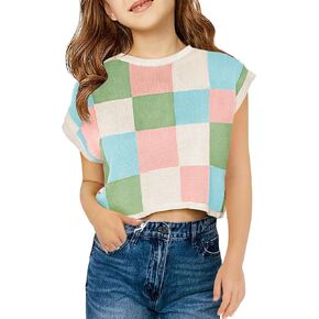 Haloumoning Girls Summer Crop Tops Color Block Vest Cute Tanks Cap Sleeve Tee Loose Kids Knit Top 5-14 Years