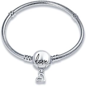 KUNSIR 925 Sterling Silver Snake Chain Bracelet with Love Round Buckle Charm Bracelets for Women Teen