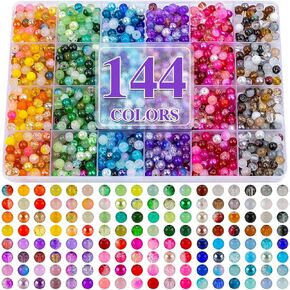 Xseino حوالي 1200pcs 6 مم حبات زجاجية صنع مجموعة ، 144 ملونة ، حبات زجاجية مستديرة ملونة لصناعة السوار ومجوهرات وحرف ديي ، أساور الصداقة