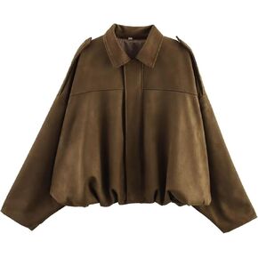 Xunger Women's Faux Suede Bomber Jacket Spring Lapel Pilot Coat Casual Oversized Long Sleeves Trendy Streetwear Outerwear