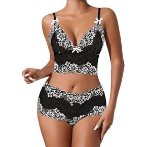 Sexy High Waist Floral Lace Mesh Sheer Pajamas Lingerie Lounge Set 2 Piece